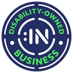 [Veteran or Service-Disabled Veteran] Disability-Owned Business circular certification badge with text shown in circular orientation and with Disability:IN icon logo in center.
