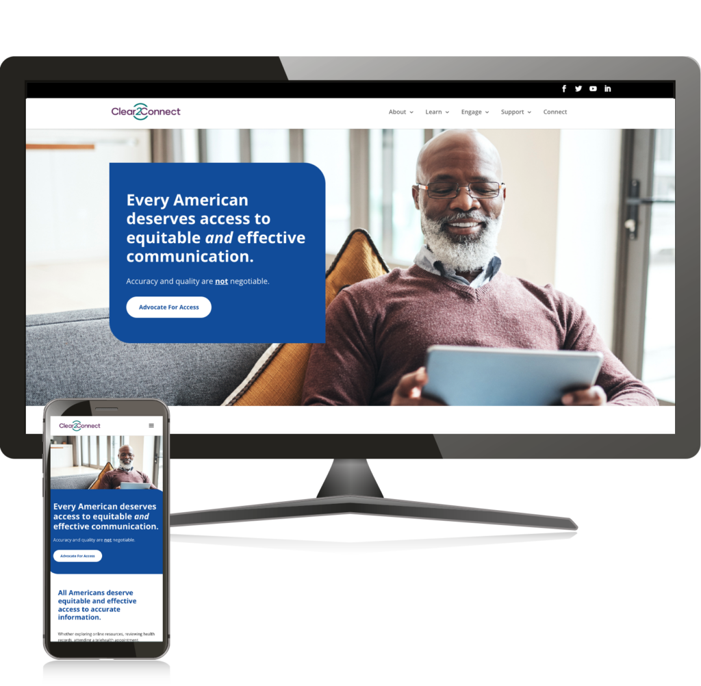 Clear2Connect website on computer monitor and iphone